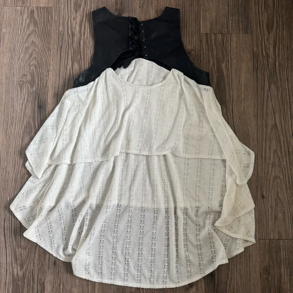 Free People Faux Leather Black and White Lace-Up Back Layered Top